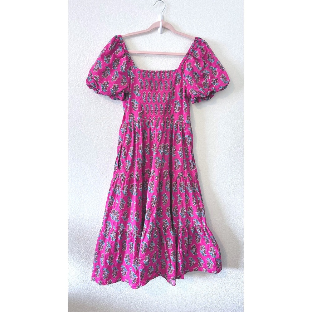 J.Crew Pink Floral Brunch Block Print Puff Sleeve Tiered Midi Dress SZ 8 - Picture 4 of 9